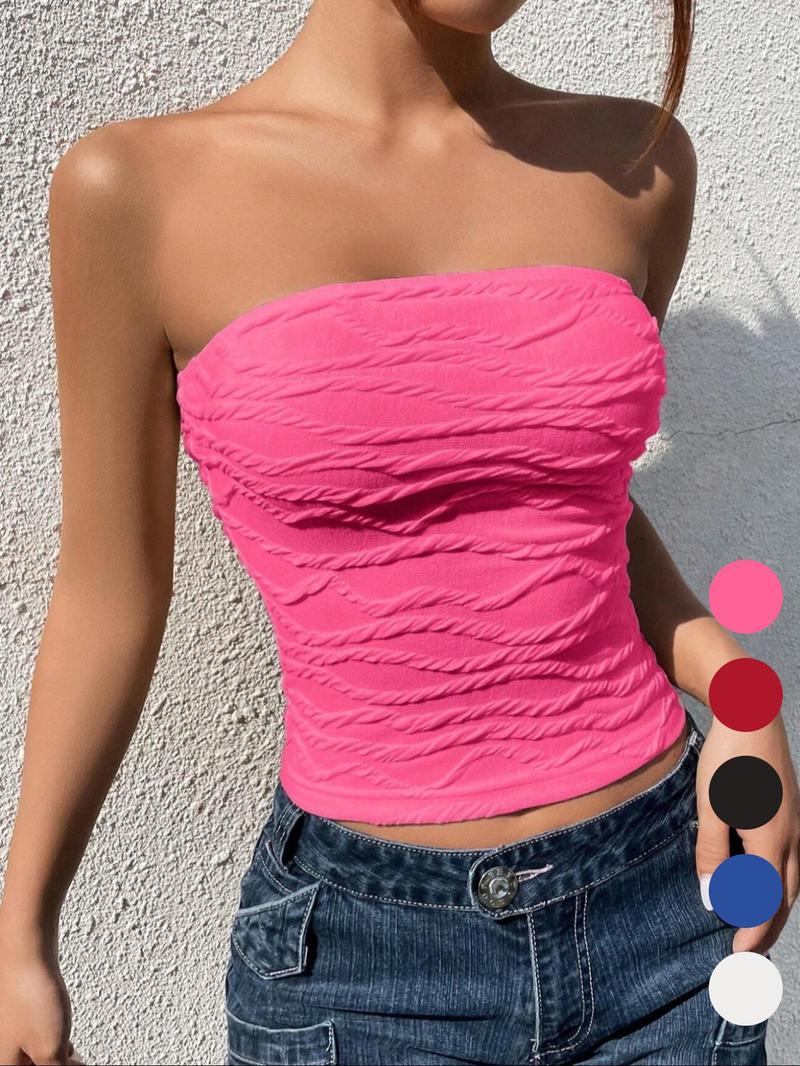 Women's Plain Textured Crop Tube Top, Casual Sleeveless Strapless Top for Summer, Ladies Clothes for Daily Wear