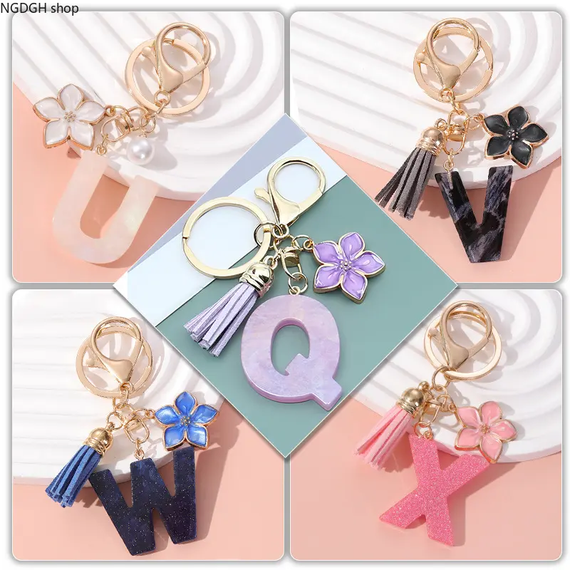 Initial Letter Keychain for Women, Floral Tassel Alphabet Bag Charm, Glitter Resin Letter Key Ring, Cute Personalized Accessory for Purse Backpack Daily Gift