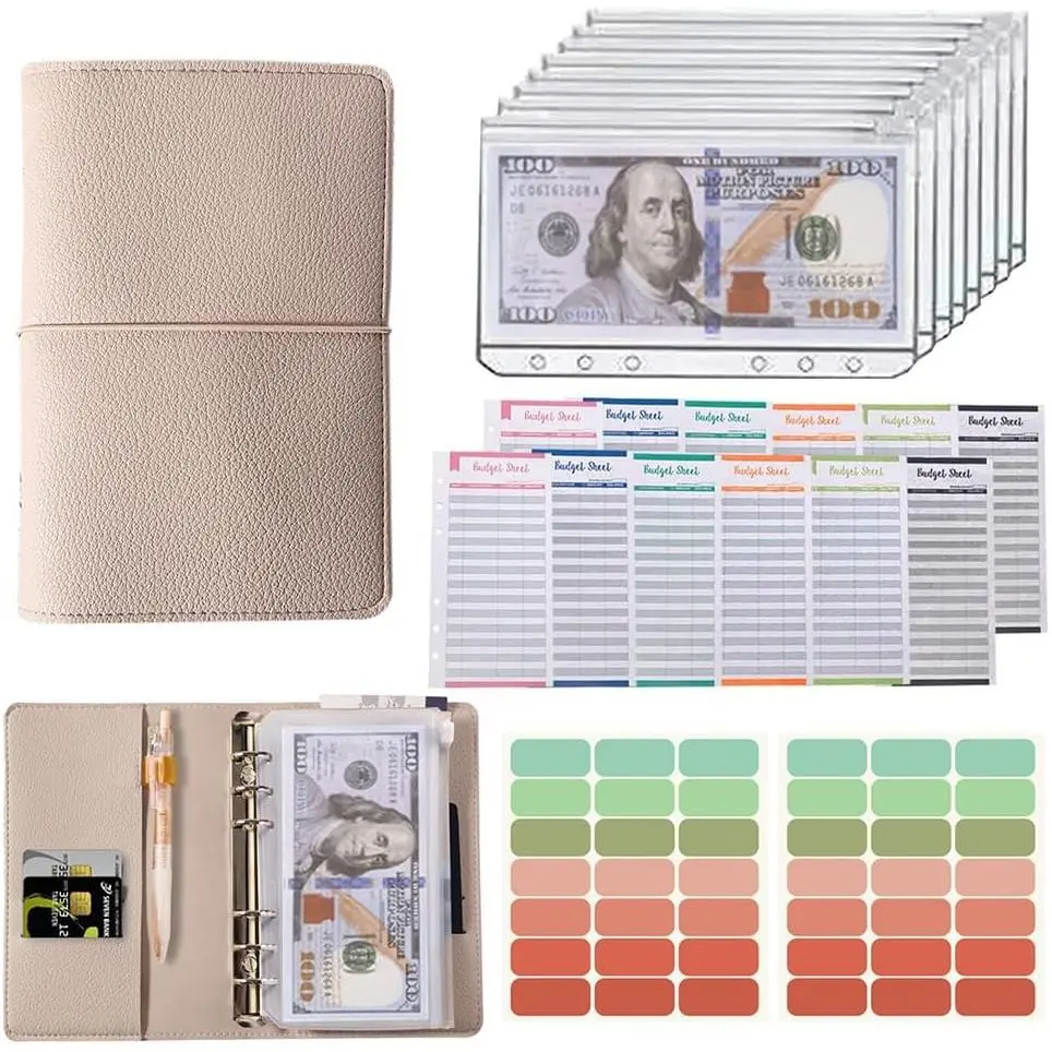 Budget Binder with Zipper Envelopes,  Saving Binder,with 12 count Expense Sheets & 42 Sticky Labels (Khaki)