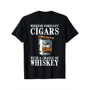 180gMen's Vintage Cigar and Whiskey Graphic T-Shirt, "Weekend Forecast Cigars with a Chance of Whiskey" Design, Soft Cotton Round Neck Tee, Short Sleeve Loose Casual Top, Perfect Gift for Men, PLUS SIZE