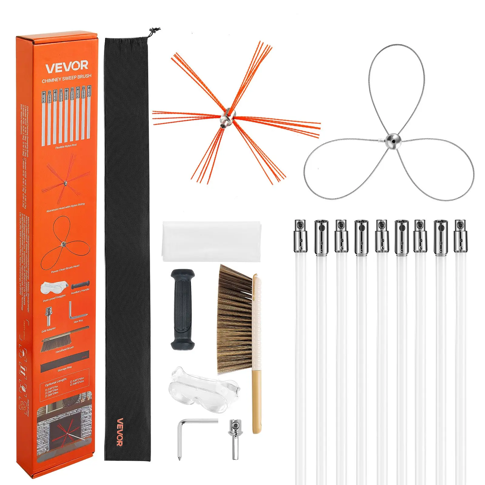 VEVOR Chimney Sweep Kit, 30 ft Maximum Extendable Length Chimney Brush, Chimney Cleaner Sweeper with Dual Brush Heads, Brush Goggles, Fireplace Cleaning Tool for Square, Rectangle, Arch Chimneys