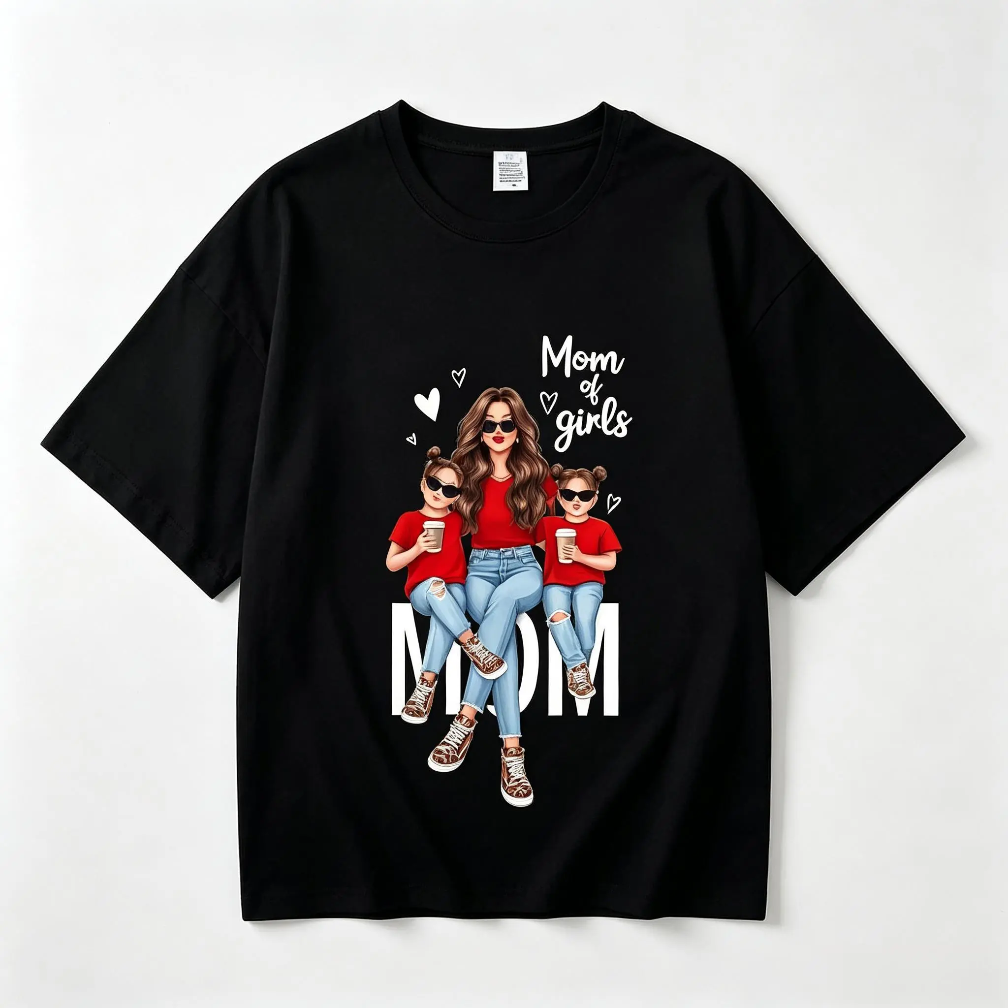 Short Sleeve  T-Shirt Mom of Girls Cartoon Printed T-Shirt, Y2K Style, Short Sleeve, Crew Neck, Polyester, Mother'S Day Gift