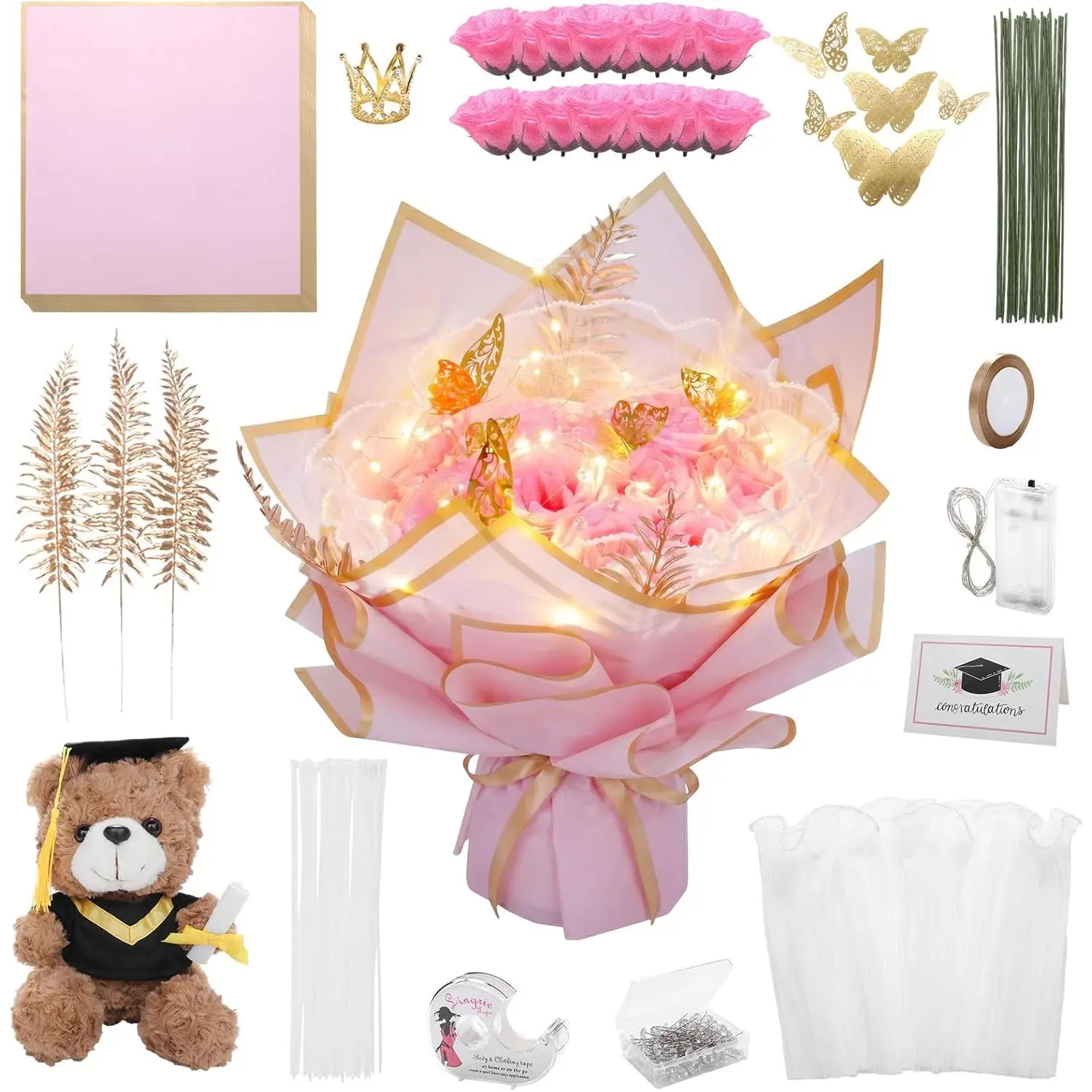 DIY Custom Graduation Flower Bouquet Set with Light, Traditional Butterfly, Pearl, Bear & Glitter Rose Accessories, Festive Gift for College Students (Pink)