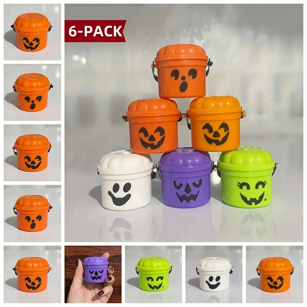 6 Piece Mini Pumpkin Decorative Buckets, American Vintage Style, Durable Hard Plastic, Halloween Decoration, Gift, Festival Party Home Desk Decor, Party Gift Packs