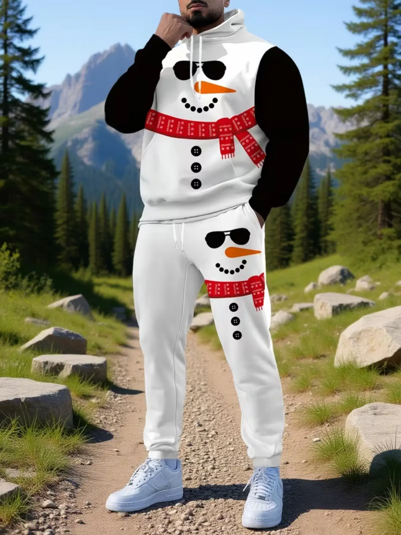 Christmas Snowman Hoodie Set, Patchwork All over Print, Long Sleeve Fitted Pants, Casual Sportswear with Pockets