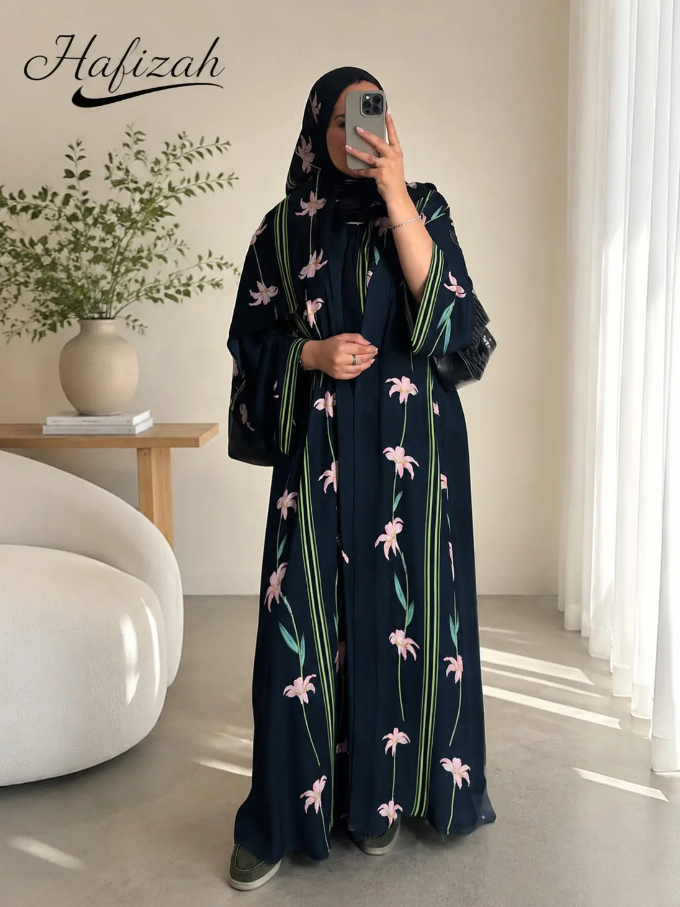 Elegant Light Kimono Robe, Long Sleeve Open Front, Unique Arm Design, Women's Muslim Fashion, Luxurious Hijab Set, Modest Islamic Clothing