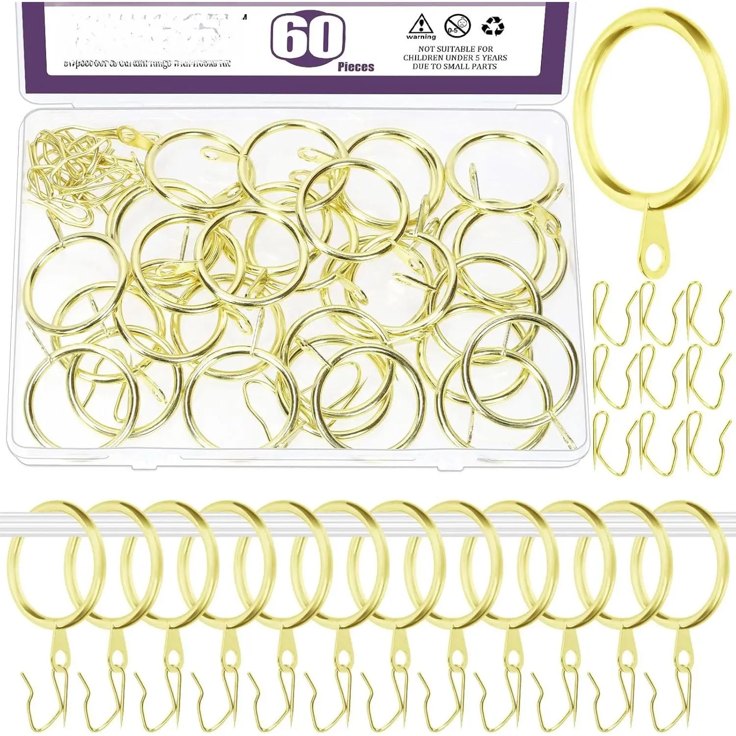 60 count 32mm/1.3" Inner Diameter  Metal Curtain Ring with Pin- Drapery Hooks  Kit, Drape Sliding Eyelet Ring Metal Curtain Hooks, for Window Door Shower Curtain