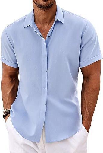 European and American Men's Linen Shirt Short-Sleeved Casual Button-Up Top for Beach Summer Vacation Menswear