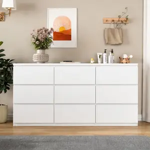ARCH 9 Drawer Dresser with No Handle Design, White Matte Particle Board Chest of Drawers for Bedroom, Living Room, Hallway, Entryway, 63 Inch Wide Storage Dresser for Clothes, Socks, and Decor, Modern Freestanding Dresser, White Color Options