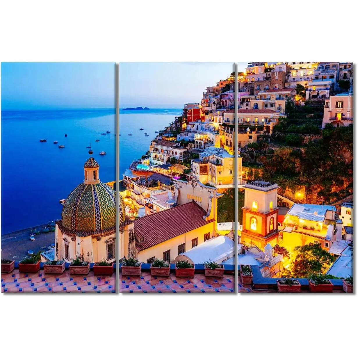 3-Panel Cotton Photo Set Seascape Wall Arts - Dreamy Positano Twilight Sea Island Cityscape Canvas Paintings, Ready-to-Hang Home Decor for Living Room, Bedroom Gift
