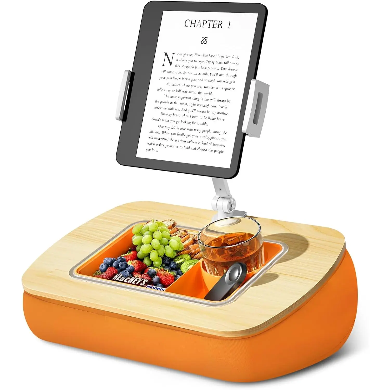 Tablet Pillow Stand for Lap Use with Snack Bowl and 360° Rotating Arm, Adjustable iPad Holder for Bed, Couch, and Recliner, Compatible with 4.7"-13" Kindle, iPad, Tablet, Phone,Orange