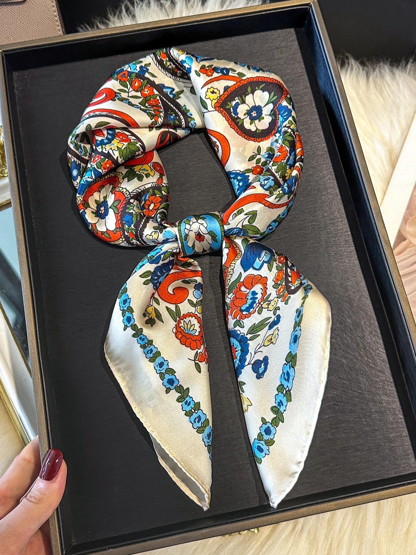 1pc Bandana Style Paisley Print Neckerchief, Faux Silk Square Headscarves For Women, Boho Style Scarf, Fashion Scarf For Daily Use, Floral Print Scarf
