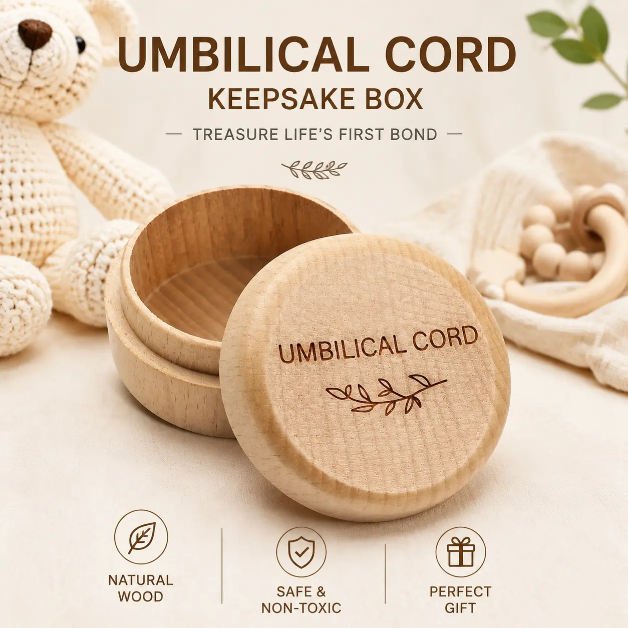 Wooden Baby Umbilical Cord Memorial Keepsake Box, Newborn Memory Storage Box for Baby Shower and Christening, Small Keepsake Organizer for Toddler Room and Daily Storage