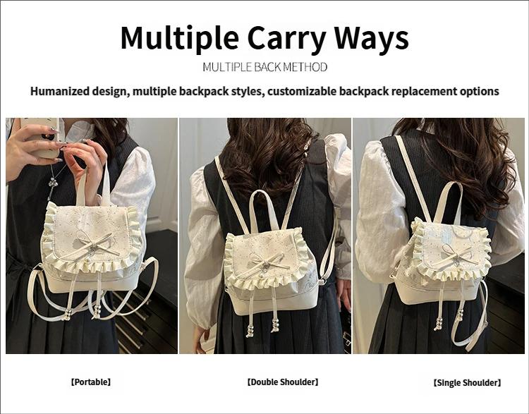 Polka Dot Lace Bow Mini Backpack for Women, Cute Coquette Y2K Bucket Bag, Lightweight Small Backpack with Adjustable Straps, Aesthetic School Travel Daily Outfit Bag for Girls & Teens