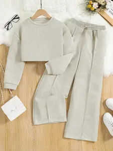 Girl's Round Neck Crop Sweatshirt & Elastic Waist Pants Set, Solid Long Sleeve Top & Wide Leg Trousers, 2 Piece Set for Girls, Kids Clothes, Fashion Clothes Set, Casual Set