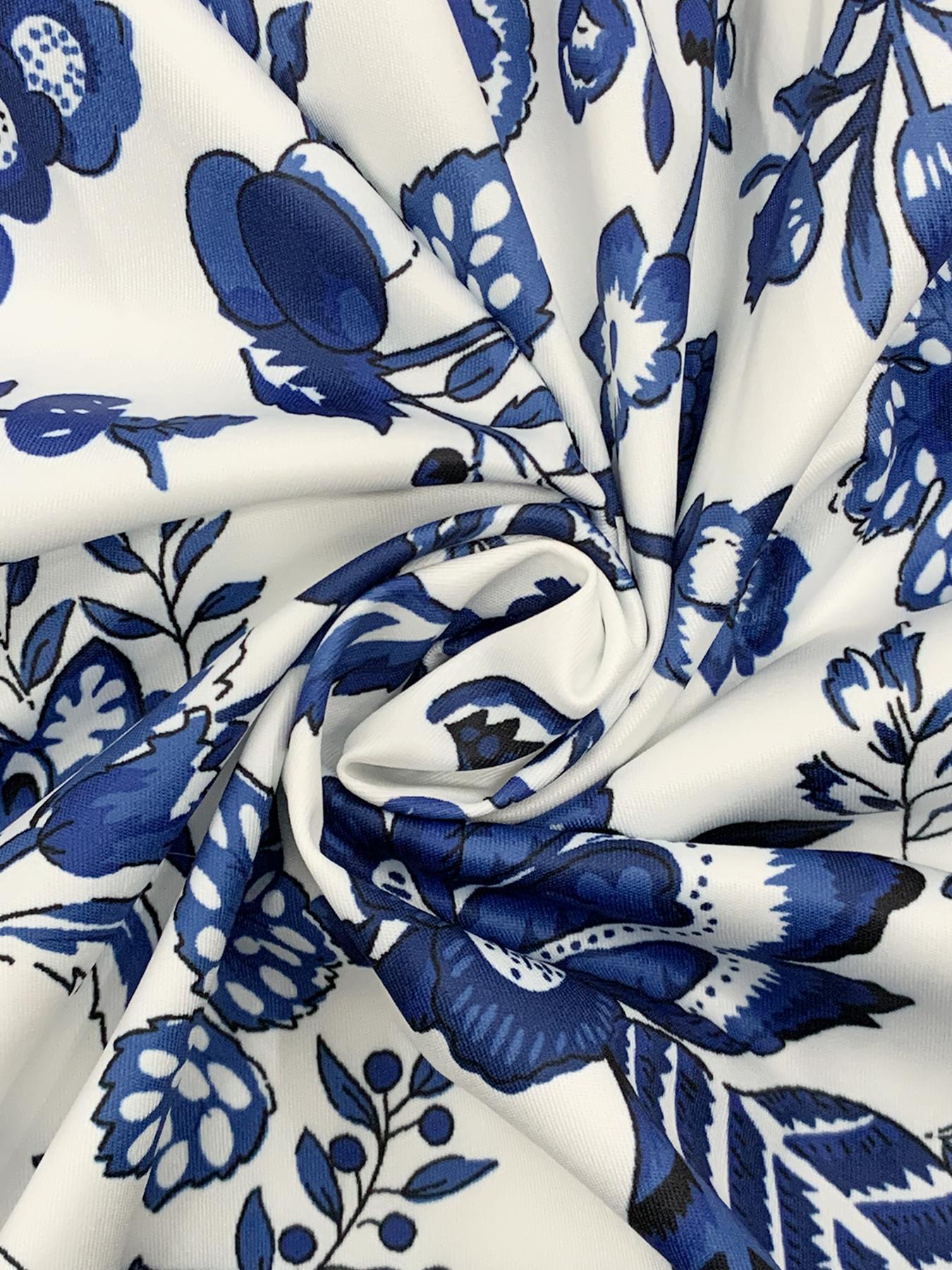 Women's Blue Porcelain Print Halter Dress, A-Line Skirt Hem, Casual Beach Vacation Wear, Bohemian Floral Pattern, Fitted Style