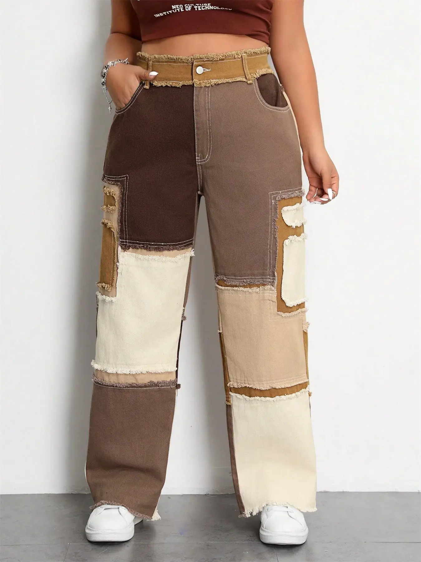 Women's Plus Size Patchwork Denim Jeans, High Waist Asymmetrical Design, Boho Style, All Seasons, Casual Streetwear, Ankle Length