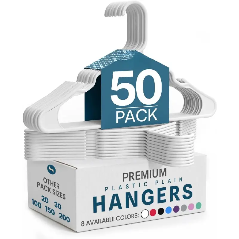 Plastic Hangers 50 Pack - Space Saving Clothes Hanger - Durable and Strong Closet Organizers and Storage Makes It Ideal Stocking Stuffers or Apartment or Dorm Room Essentials (White)