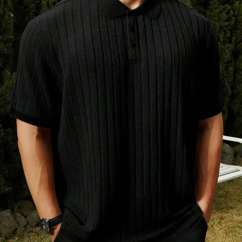 【Plus Size】Men's Plus Size Ribbed Polo Shirt, Loose Knit Collar Striped Knit Lapel Shirt, Mens Solid Color Jacquard Knit Polo Shirt, Men's Clothing, Casual Textured Short Sleeved Button Knit Bowling Shirt, Men's Top(Regular Fit | Size Up For Loose Fit)
