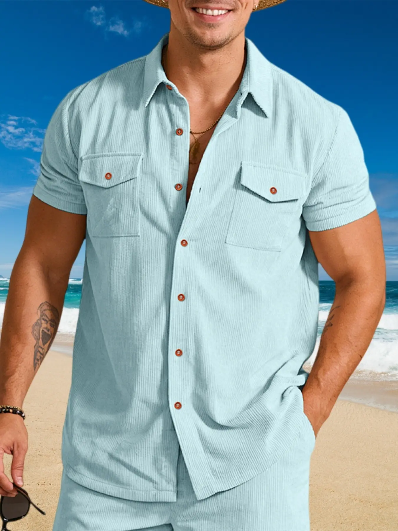 Men's Summer Casual Outdoor Loose Amikaji Corduroy Workwear Short Sleeve Shirt Pockets, Comfortable and Stylish, Perfect for Warm Weather