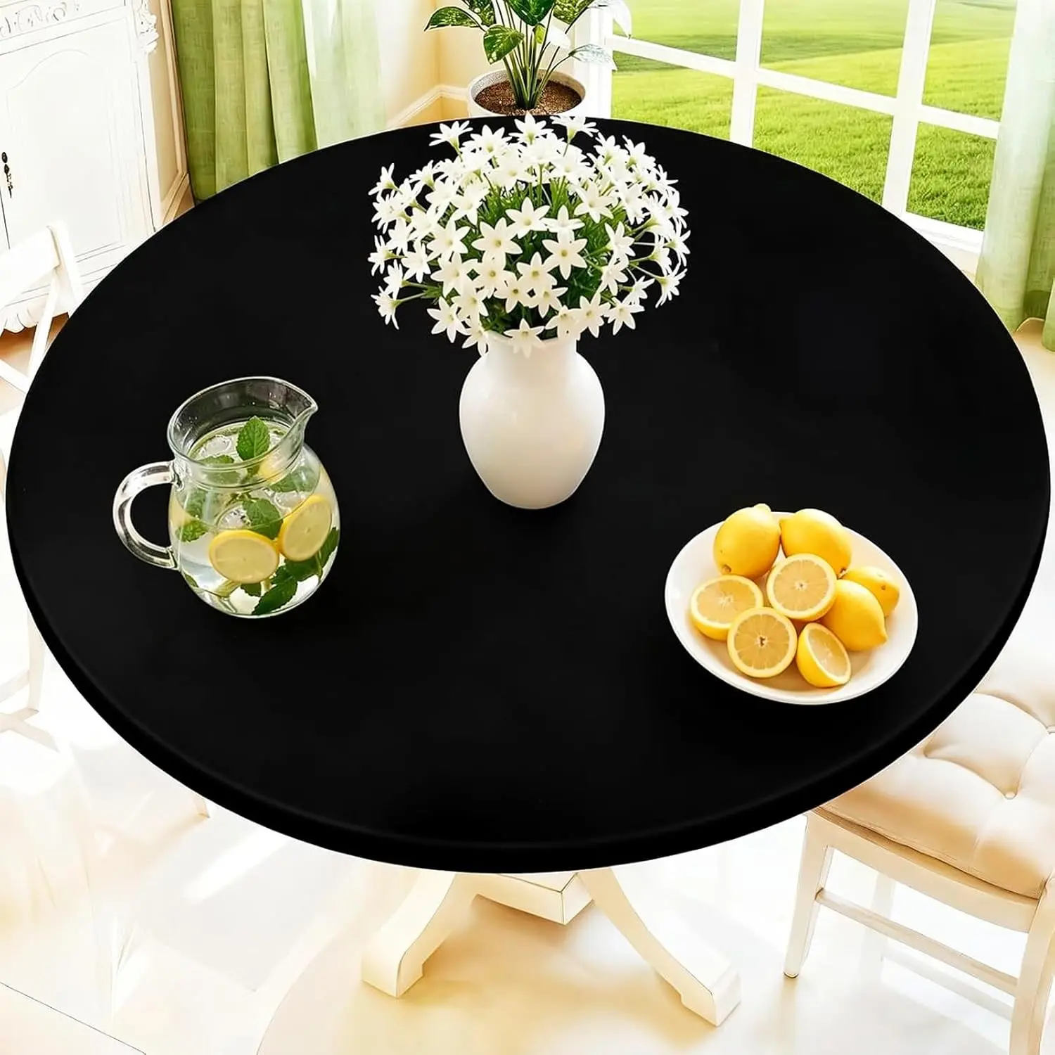 Black Multi-Size Stretch Fit Round Spandex Tablecloth, Elastic Fitted Waterproof Washable Cover for 45"-56" Tables, Ideal for Camping, Dining, Tabletop