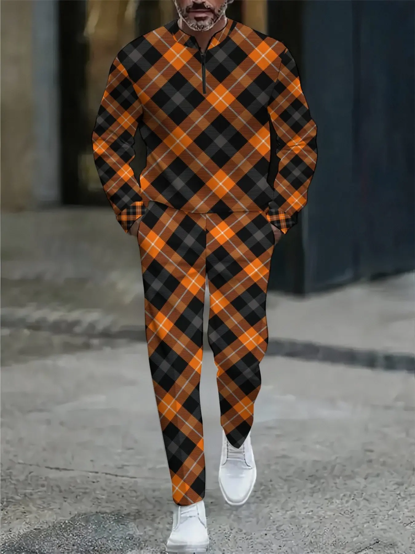 Men's Casual Checkered Hoodie Sweatset with Long Sleeve Half Zip Top and Sweatpants, Fall Winter Fashion Loose Fit Graphic Pattern Men’s Sportswear