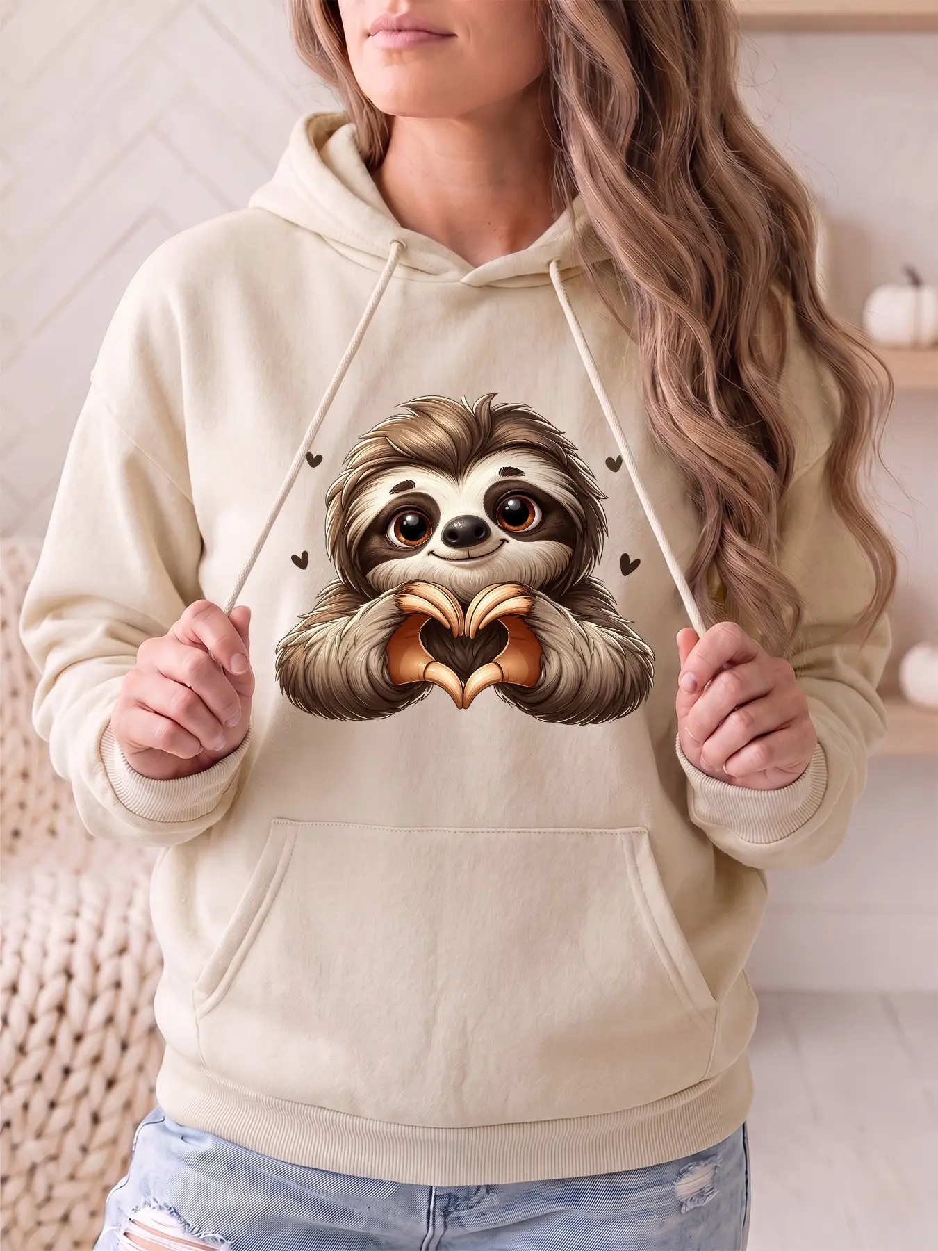 The women's fashionable hooded sweatshirt features an animal-themed heart tree sloth pattern print. It has drawstring pockets and is a casual sportswear sweatshirt suitable for casual parties and sports activities.