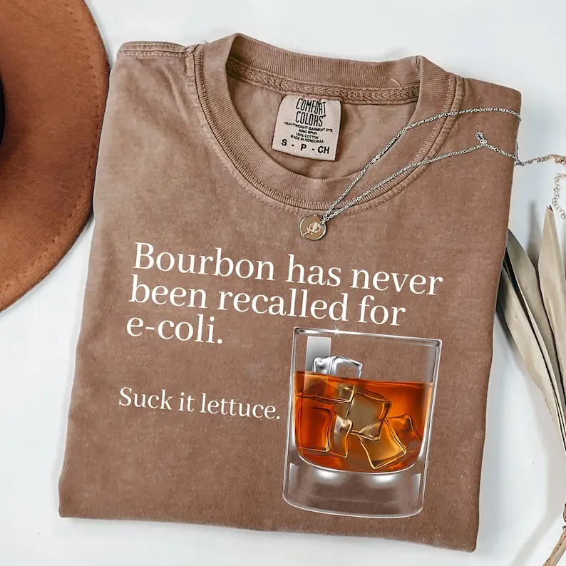 Fun Whiskey Humor Shirt, "Bourbon & E. coli Lettuce" T-Shirt — Drinking-Themed Tee, Novelty Gift with Bar-Joke Graphic for Adults