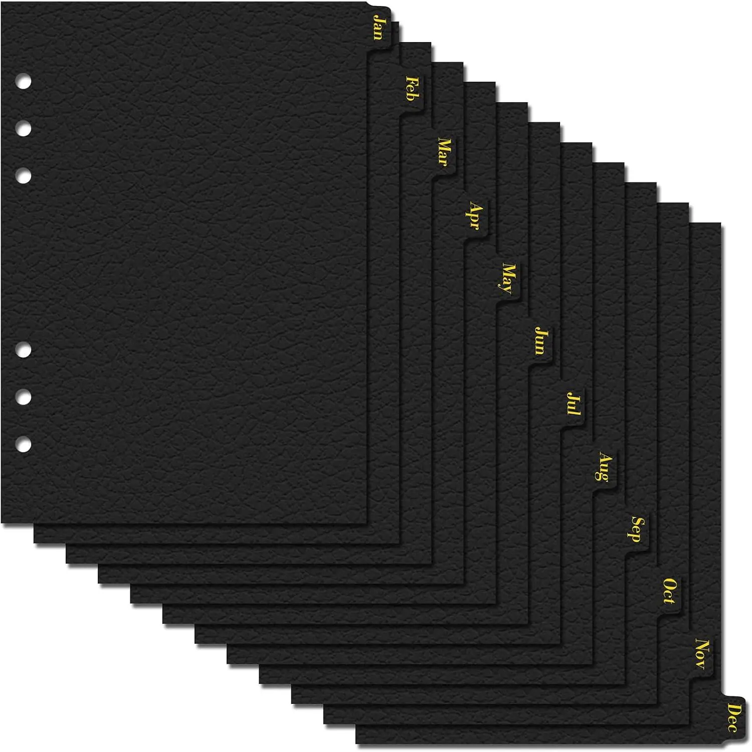 Leather Textured A5 6-Ring Binder Dividers with 12 Monthly Tabs, 8.3 * 5.7Inch Black Paper Index Page Separators for Planner/Organizer (1 Set - 12 Monthly Tabs)