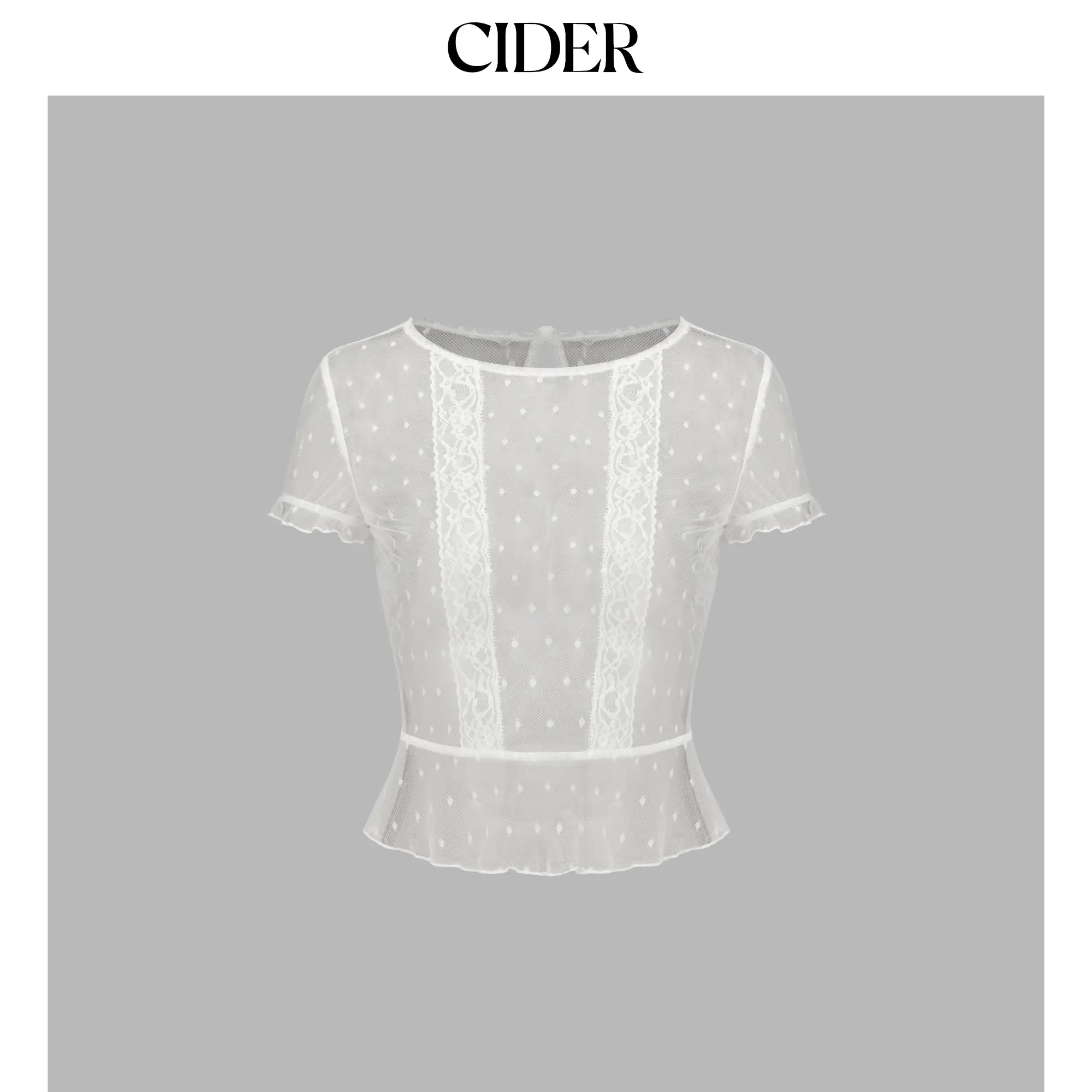 Cider Mesh See-Through Solid Lace Short Sleeve Blouse