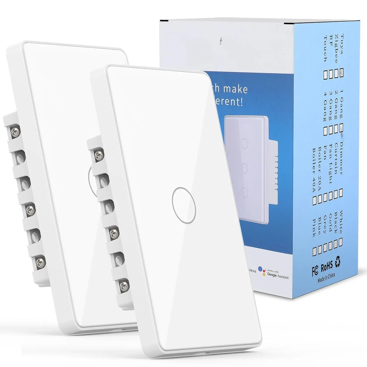 2-Pack WiFi Smart Single Gang Wall Switch, 2.4GHz, PC+Tempered Glass Panel, Neutral Wire Required, Group Control, Scene Mode, Works with Life/Tuya App & Alexa (White)