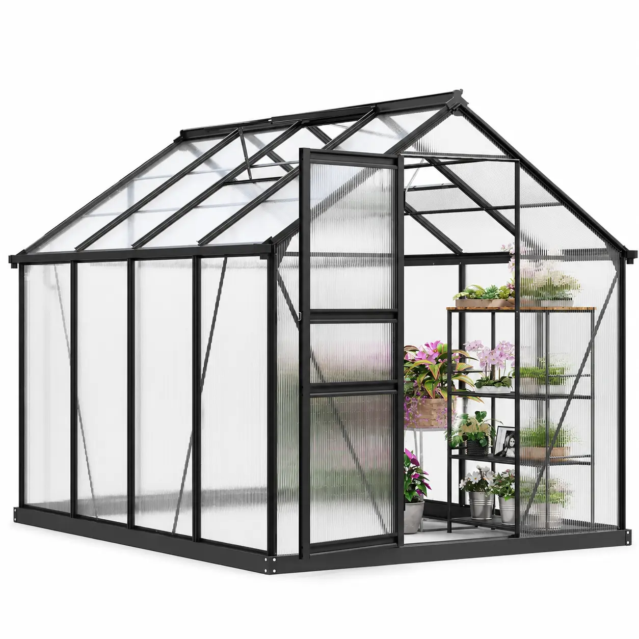 6x8 FT Outdoor Greenhouse with 4mm Polycarbonate Panels, Reinforced Aluminum Frame and 2 Adjustable Roof Vents, Walk-In Garden Greenhouse with Lockable Hinged Door, Built-In Drainage and Dual Anchoring Options for Backyard, Patio and Plant Growing