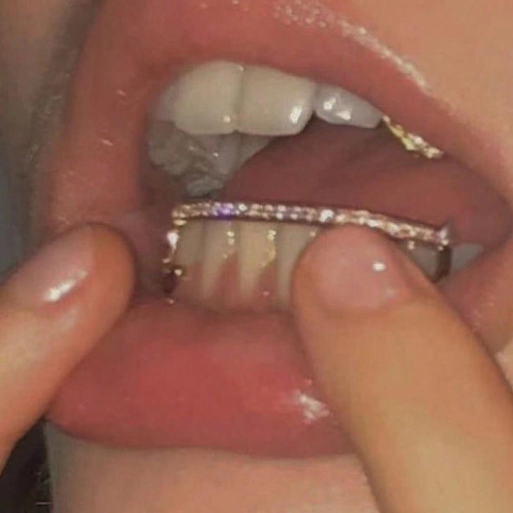2pcs Set of Hip Hop Tiger Tooth Grillz with Sparkling Cubic Synthetic Zirconia - Golden Copper Teeth Jewelry for Music Festivals, Parties & Everyday Glam Oral
