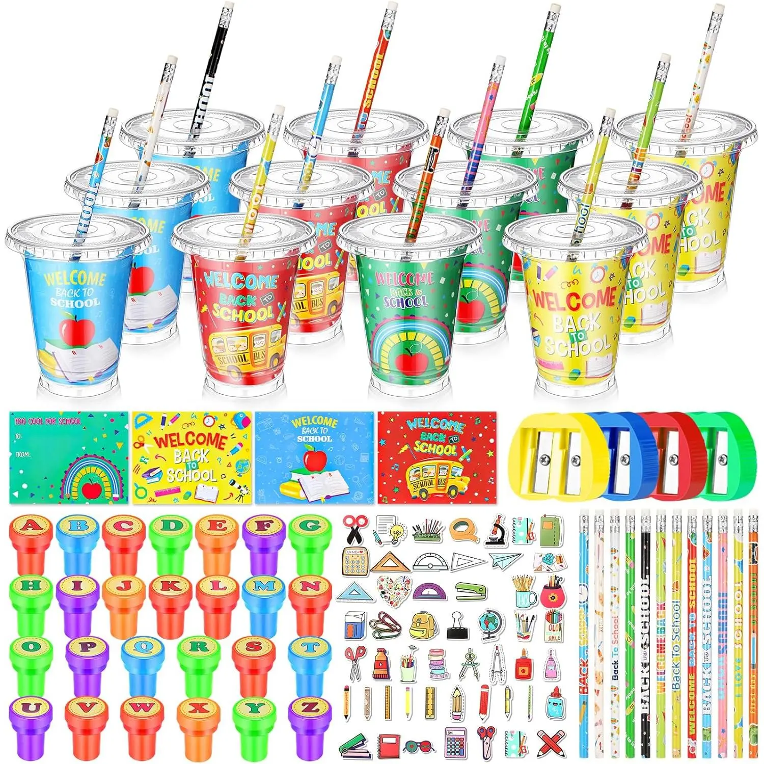 222 count  to School  for  24 Set Welcome to School Stationery with Cups Cards Pencils Stickers Erasers Stamper Sharpener for  of Student Classroom  Prizes Goodie