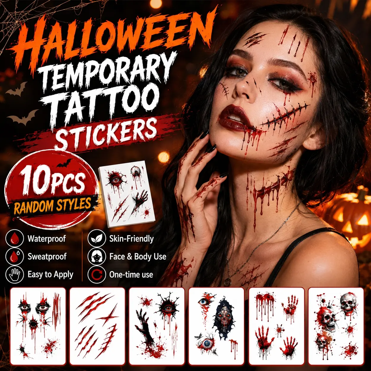 10pcs Halloween Temporary Tattoos for Face and Body, Random Fake Wound Sticker Set with Scar, Scratch, Skull and Horror Makeup Effects, Water Resistant Long Lasting Decals for Adults, Zombie Cosplay, Punk Outfit, Costume Party and Festival Looks
