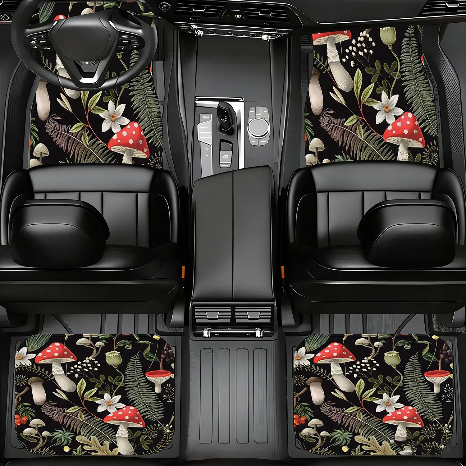4‑Piece Universal Car Floor Mats, Retro Mushroom Wild Floral Forest Pattern Auto Floor Carpets, Waterproof Anti‑Slip All‑Weather Car Foot Pads for Most Sedan SUV Truck, Boho Cottagecore Car Interior Decor Accessories