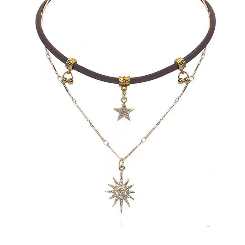 Gold Layered Star Sun Pendant Necklace Set, Brown Leather Choker Necklace for Women Gold Layered Star Sun Pendant Necklace Set, Brown Leather Choker Necklace for Women