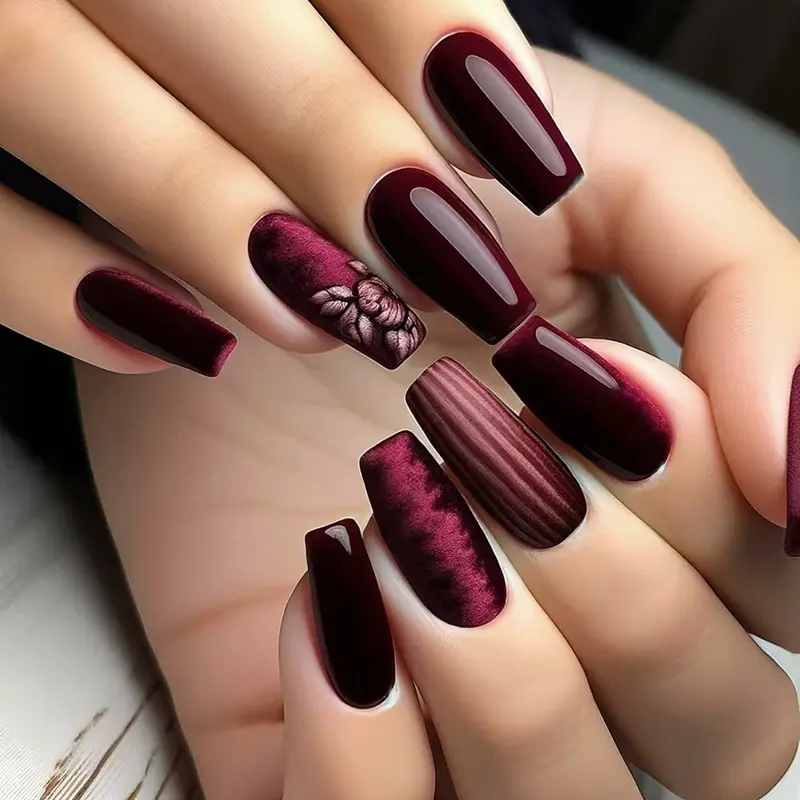w1826 Dark Red Charm Glue Model Burgundy Velvet Cat-Eye Press-On Nails, Long Coffin Matte Textured Flower-Striped Fake Nails, French Luxury Full-Cover Acrylic Manicure Set for Autumn Winter Holidays
