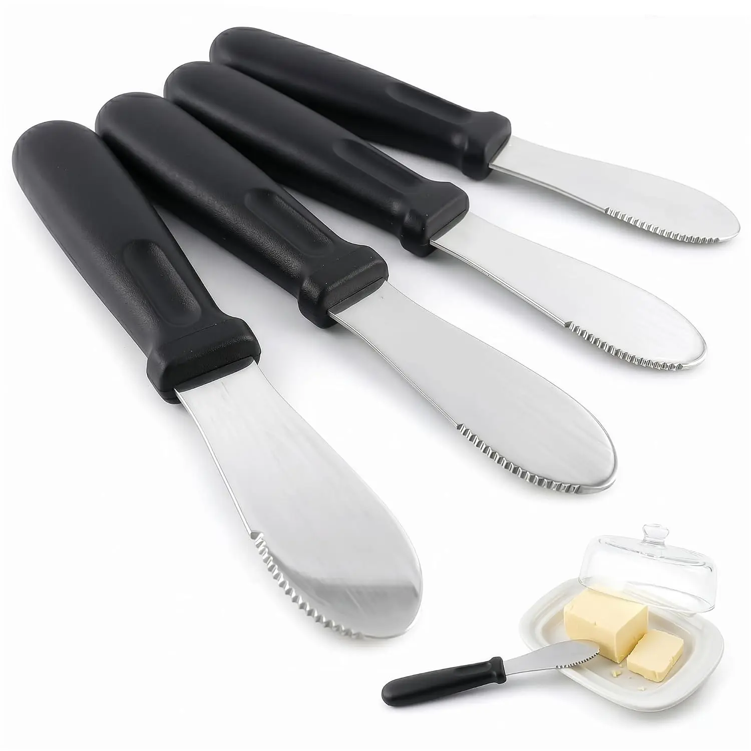 4 Pcs Butter Knives, Black Plastic Handle, 4 Inch Stainless Steel Blade | Butter Spreader Knives for Cream Cheese, Jam & Cheese Board; for Bagel, Sandwich, Toast & Charcuterie; Hand Wash Only