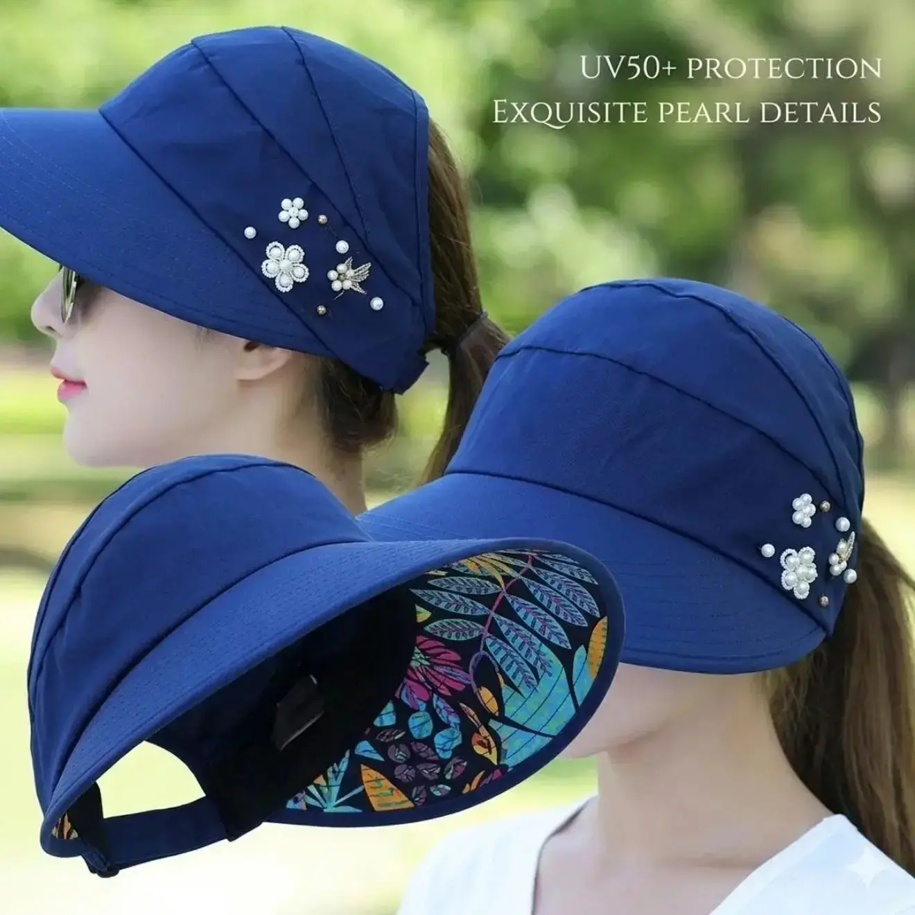 2026 Women Foldable UPF50+ Wide Brim Sun Visor Hat, Adjustable Floral Decor UV Protection Cap, Lightweight Portable Beach Headwear, Summer Outdoor Accessory & Ladies Holiday Gift