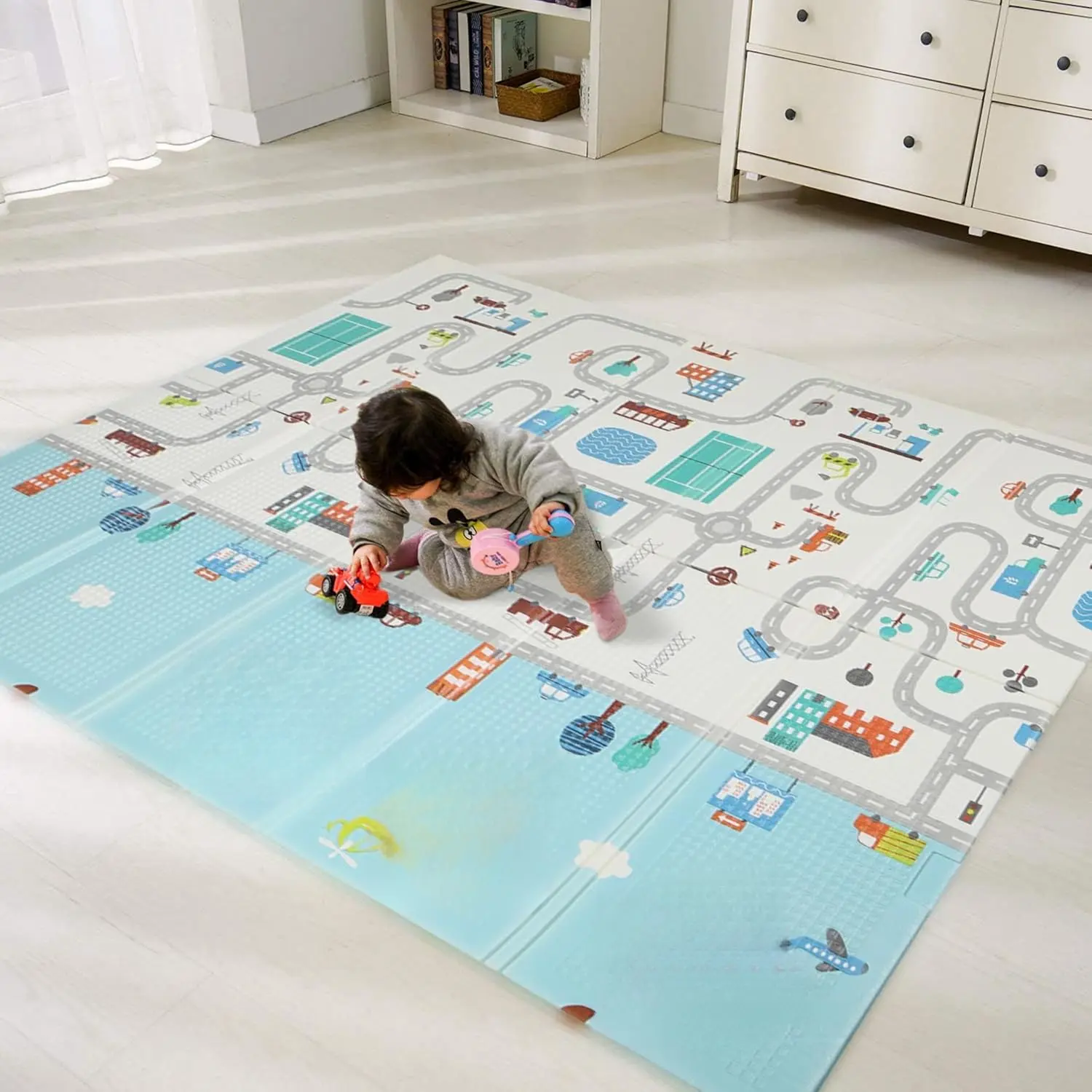 Extra Large 78" x 70" x 0.4" XPE Foam Baby Play Mat with Travel Bag |   Anti-Slip, Waterproof, Foldable & Reversible Padded Playmat |   Baby Crawling & Kids Play Mat – Giftable Design, Cars & Fire Engine