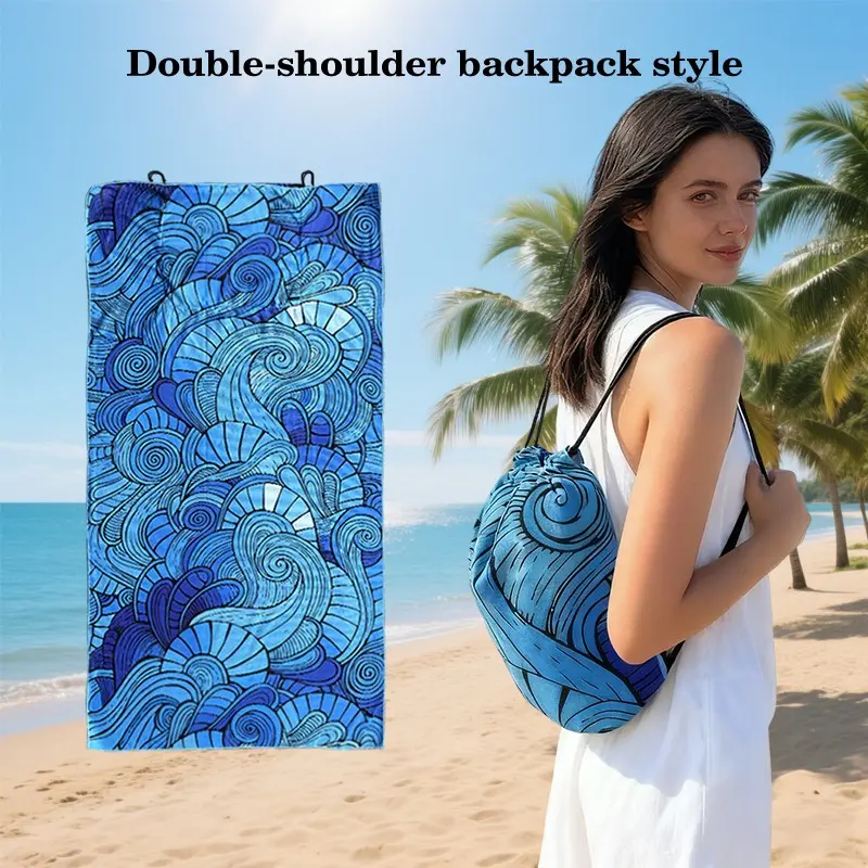 2 in 1 Beach Towel & Bag – Microfiber Surf Towel for Swimming Pool Surfing, Quick Dry Sand Free Bath Towel for Home Shower Beach Camping Sport, Stylish Ocean Wave Design Wrap Towel Converts to Tote/Backpack, Quick Dry Towels for Travel