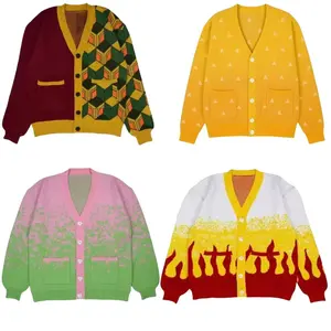 Harajuku Unisex Knitted Sweater Warm Cardigans V Neck Sweater Jacket Long Kyoujurou Giyuu Zenitsu Cardigan Sweater Women Tops