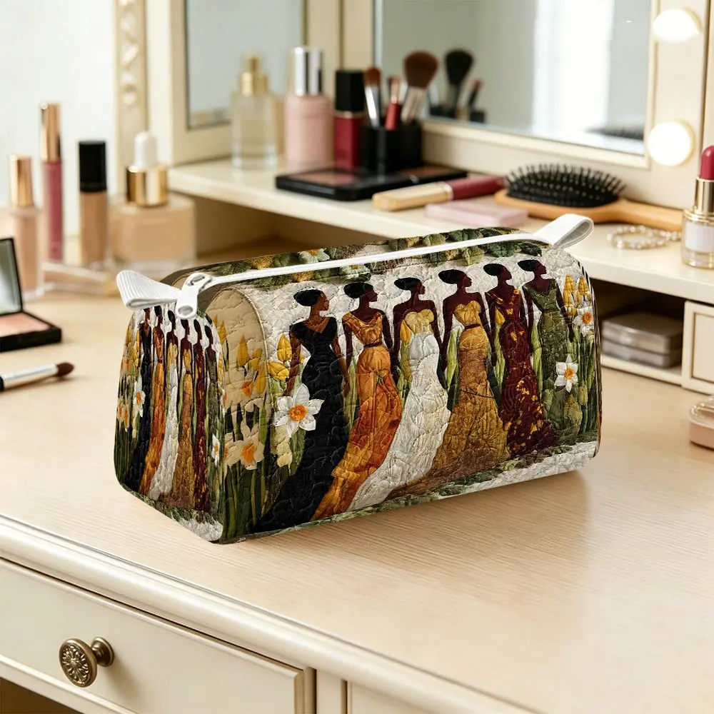 African Women Silhouette Makeup Bag, Vintage Boho Floral Portable Cosmetic Pouch, Quilted Travel Toiletry Case, Zipper Organizer Gift for Women