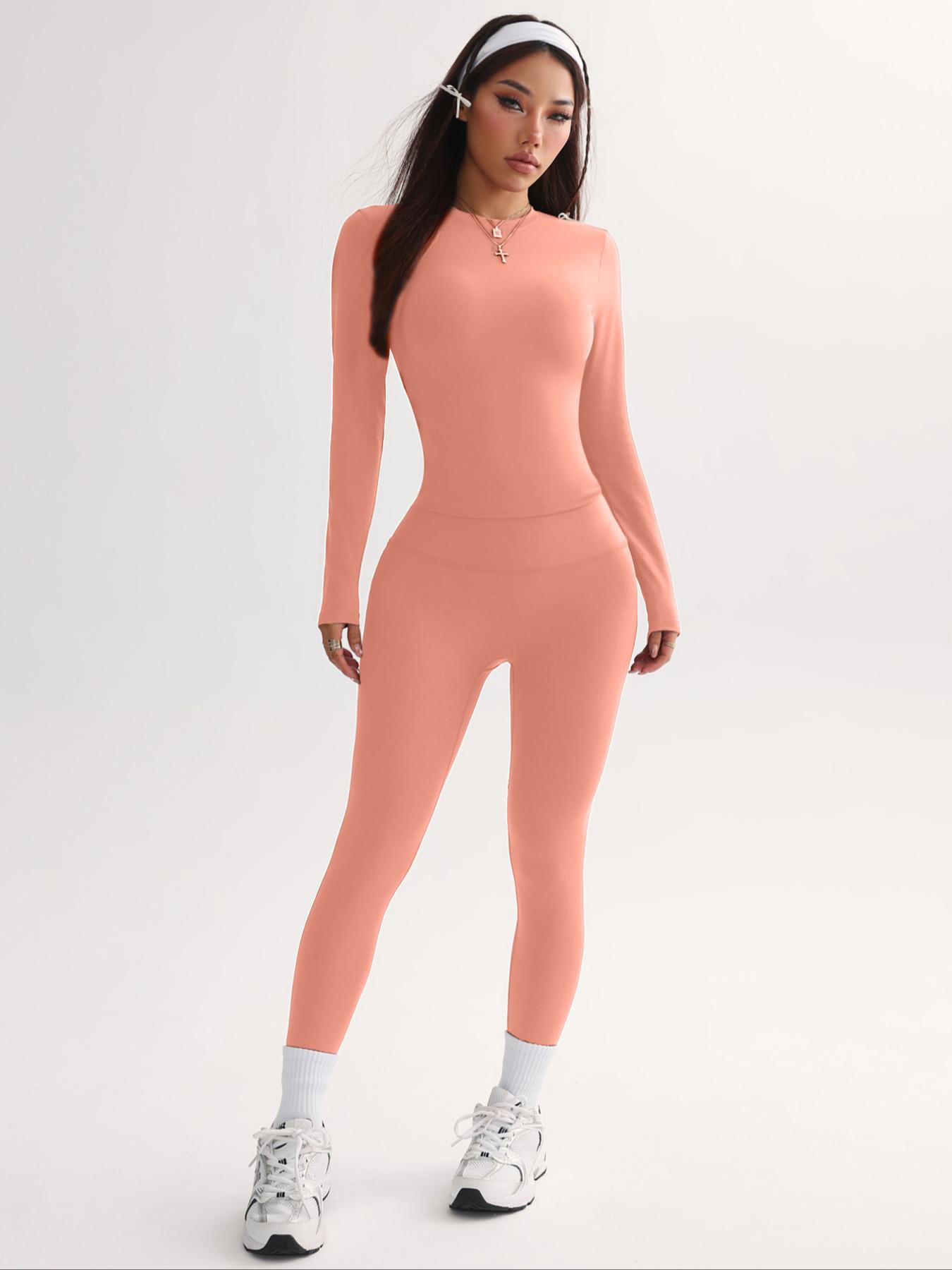 Women's Sporty, Solid Color Long Sleeve Tee & High Waist Skinny Pants, Comfortable Breathable Activewear for Yoga Gym Running, Sports Activewear Set