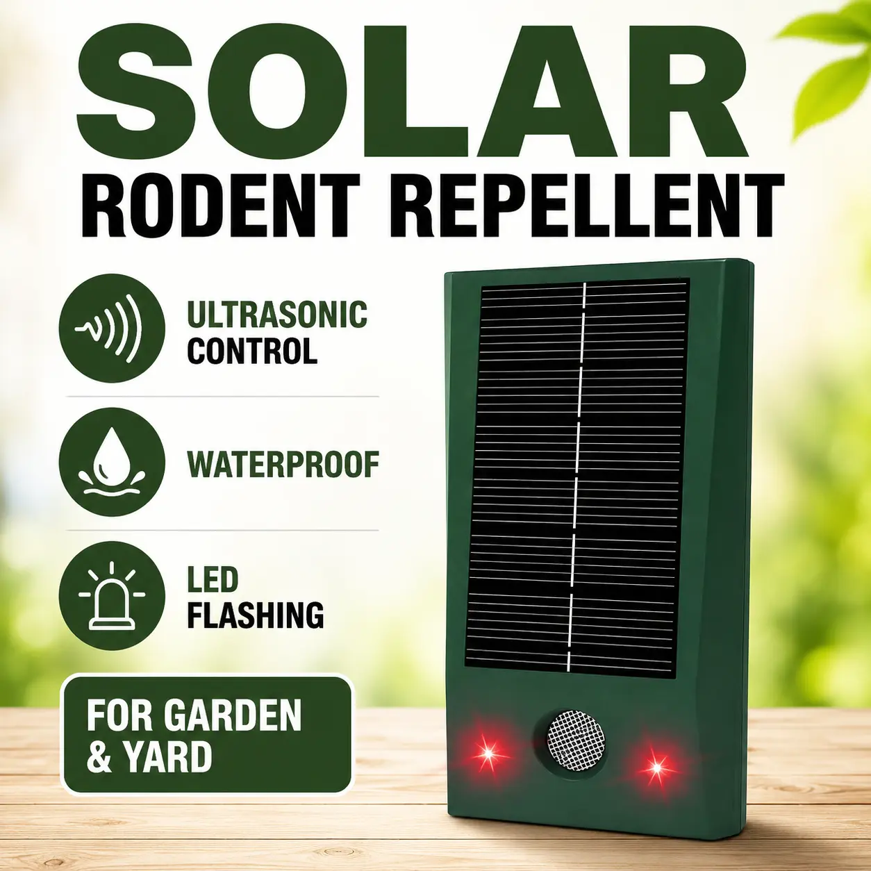 Solar Powered Ultrasonic Pest Repeller, Weatherproof Rodent and Bird Deterrent Device with LED Warning Flash, Rechargeable Outdoor Protection for Gardens, Lawns and Landscapes
