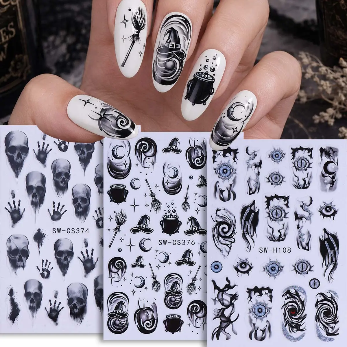 3 Halloween Nail Art Stickers, Skull Ghost Devil Eye Witch Broom Self-Adhesive Decals, Perfect for Girls' Festival Nail Decorations