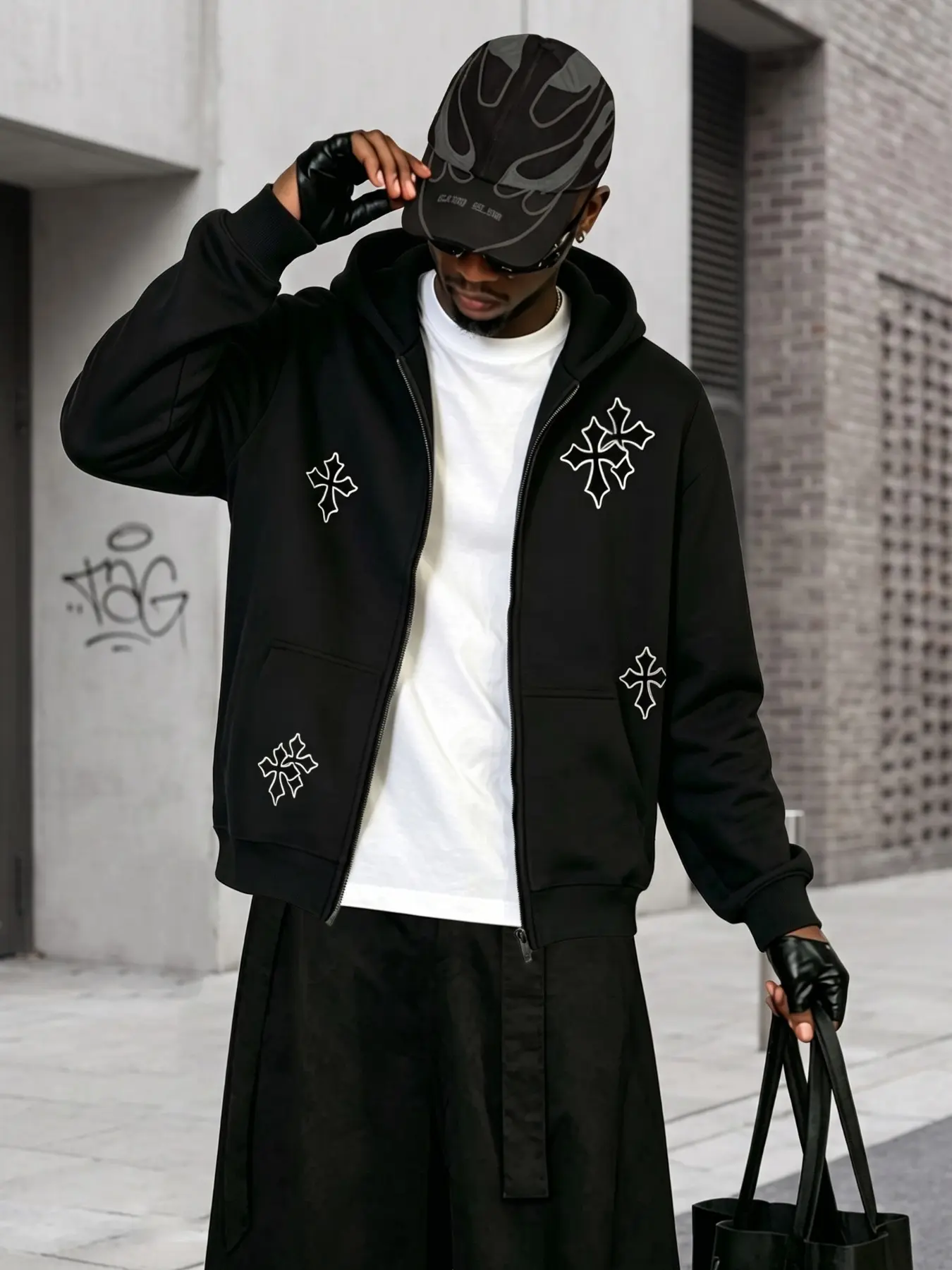 Polyester Fleece Fabric Men Full Zip Hooded Jacket, Multi-Position White Gothic Cross Outline Print Zip Up Hoodie Coat, Menswear Clothing, Ropa De Hombre, Uomo Mens Clothing, Dark Minimal Y2K Streetwear Outerwear For Spring Autumn Daily Outfits