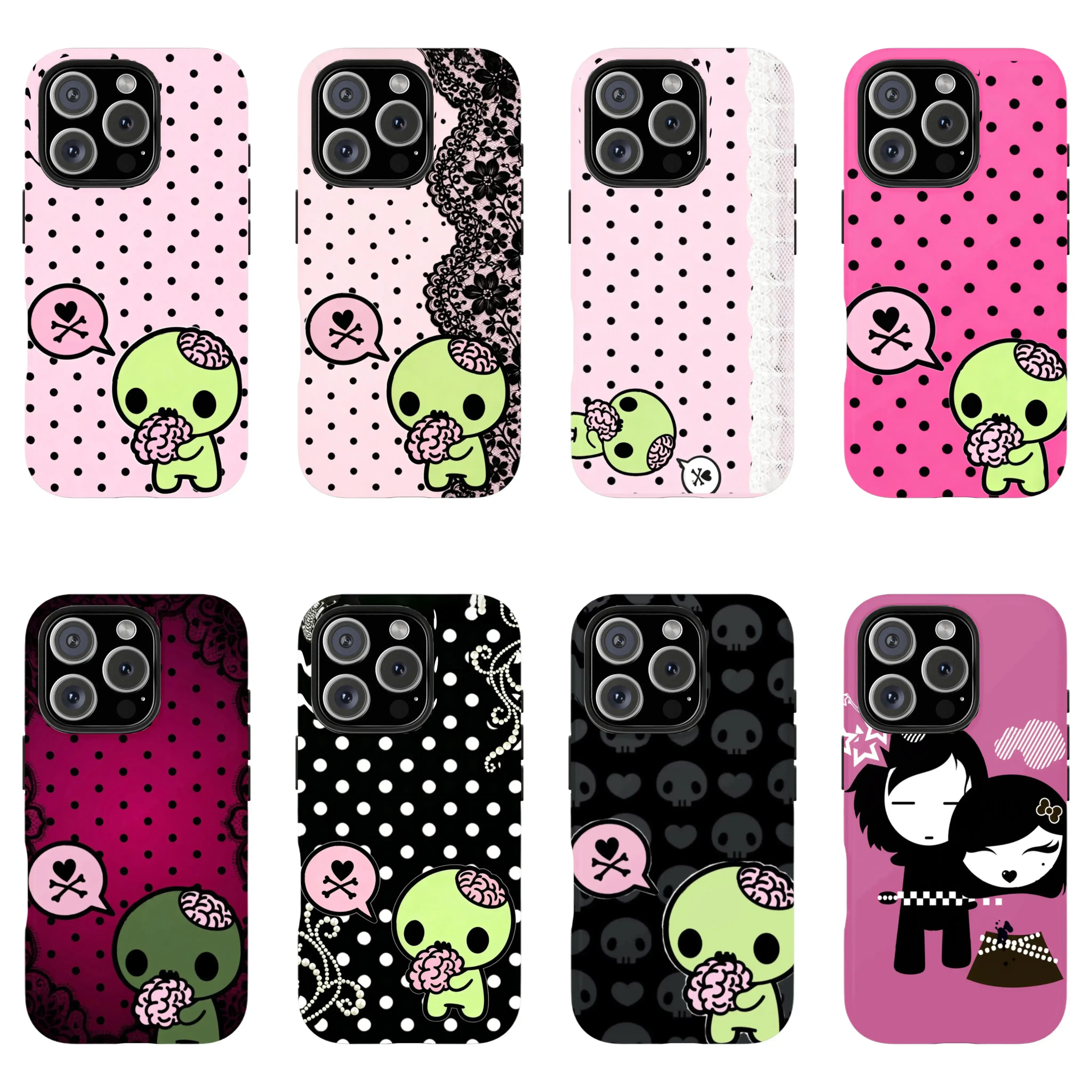 Y2k Kawaii Em0 Z0mb1e Phone Case Phone Case | Pink Black Polka Dot Skull Pattern Protective Cover For iPhone 11 12 13 14 15 16 17 Pro Max For Samsung S26 S25 S24 S23 S22-Gift Ideas For Her/Him, Accessories, Stylish Accessories