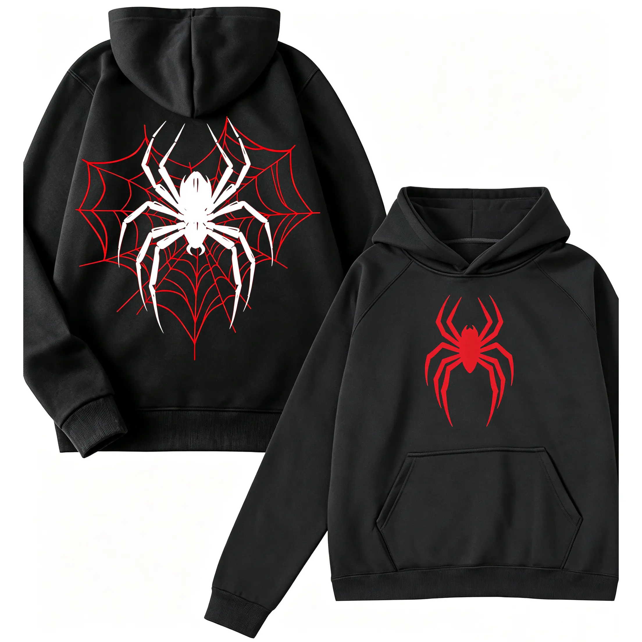 🕷🖤Double Sided Print Red White Spider Web Graphic Hoodie, Gothic Dark Streetwear  Hooded Sweatshirt For Unisex